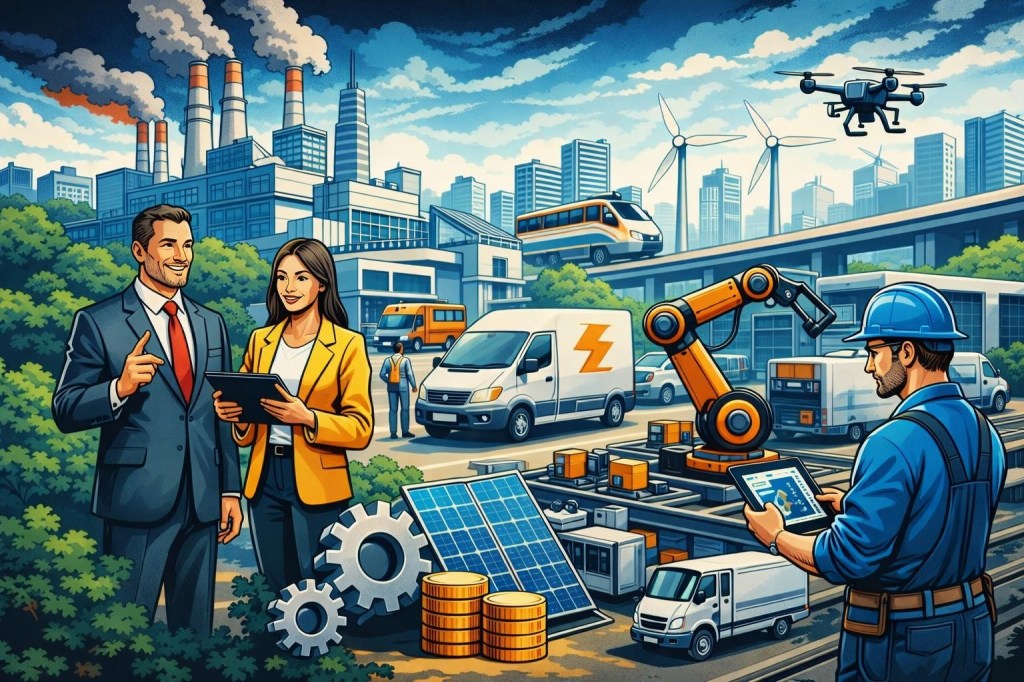 People using tablets in an industrial area with solar panels, robotic arms, electric vehicles, wind turbines, and a city skyline with smokestacks.