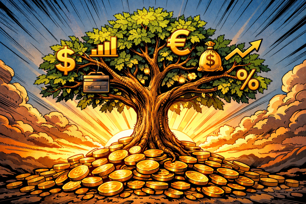 Tree growing from gold coins with currency symbols and financial icons
