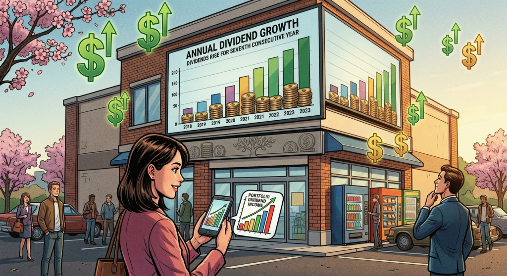 US standalone retail building with rising dividend graph