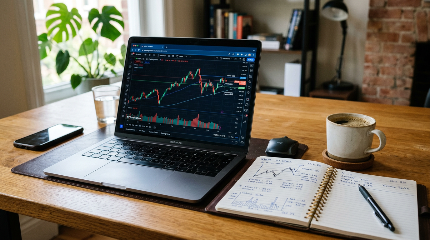 Laptop showing stock market charts next to a notebook with handwritten stock analysis and a cup of coffee